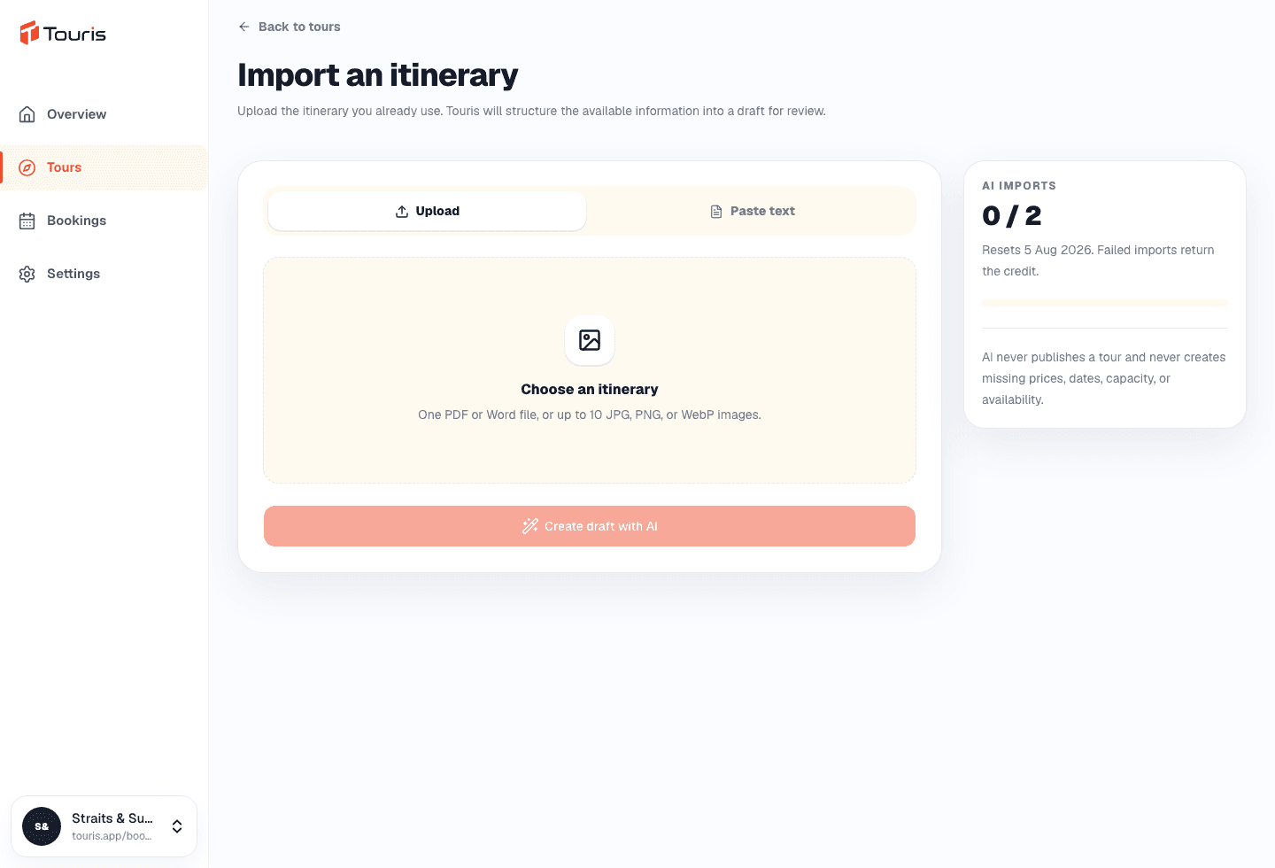 AI itinerary import creating an editable tour draft