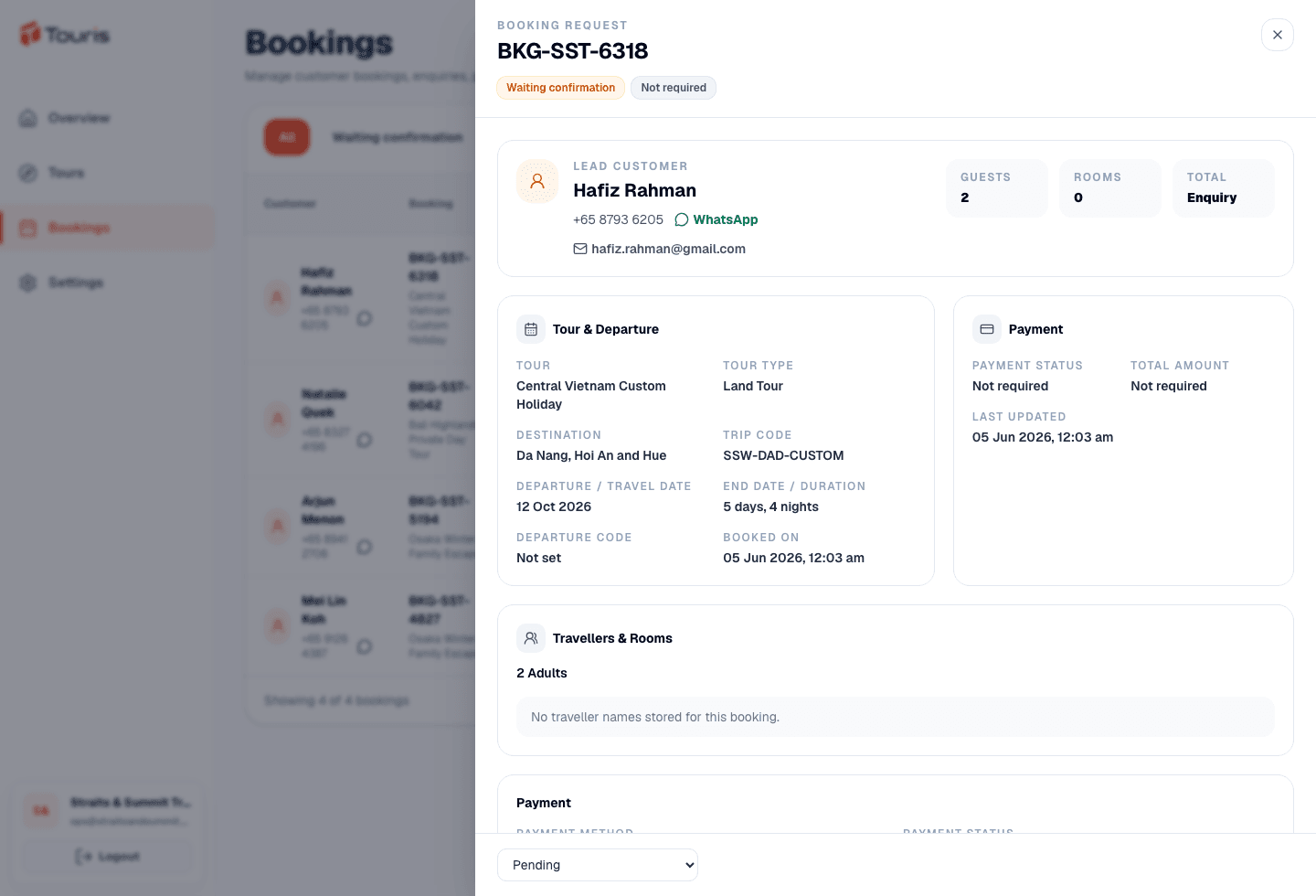 Booking management workspace showing payment history and outstanding balance