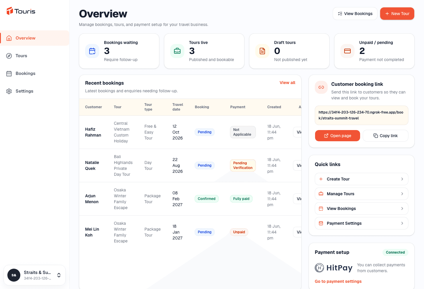 Touris booking management dashboard