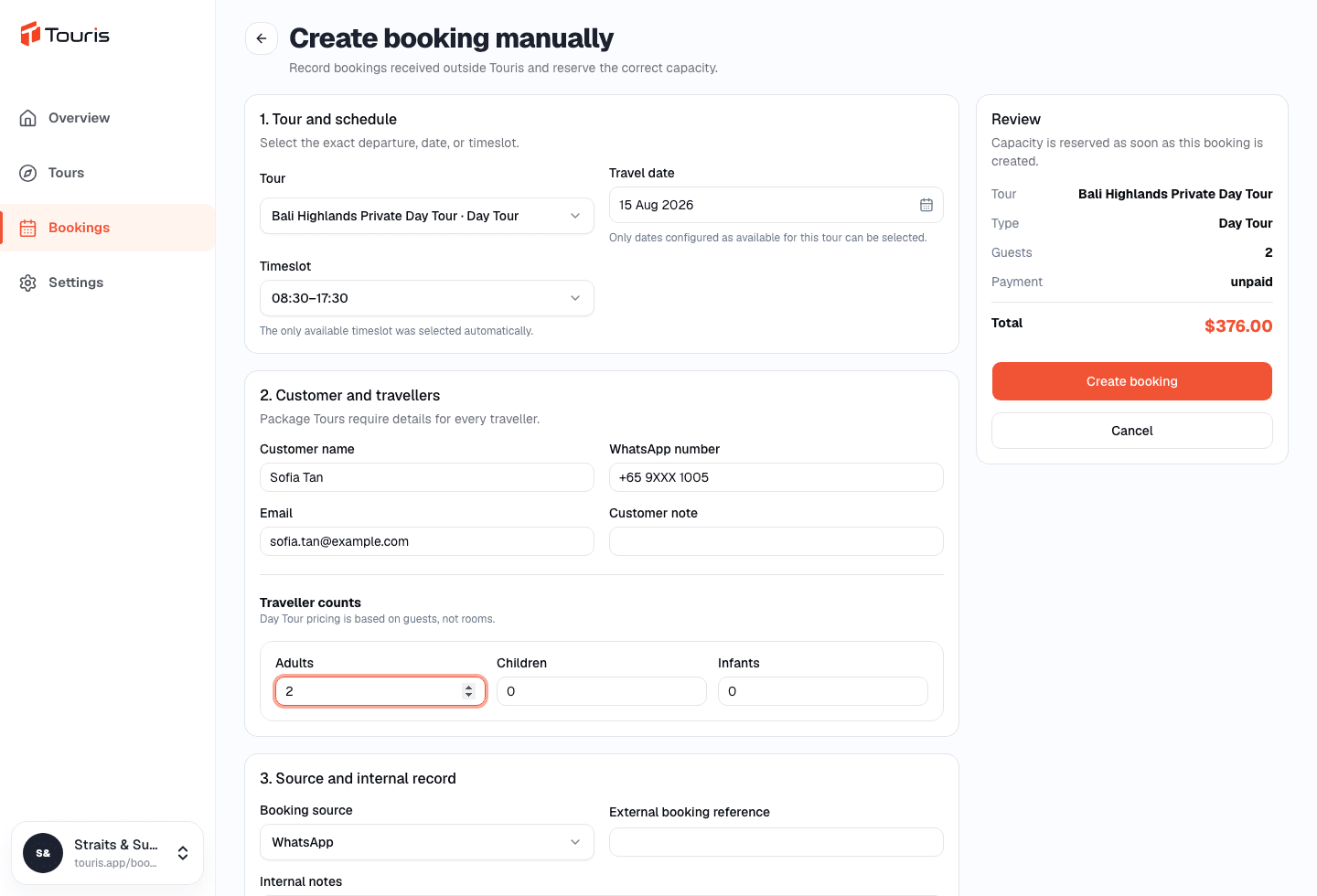 Staff creating a manual tour booking from the Touris dashboard