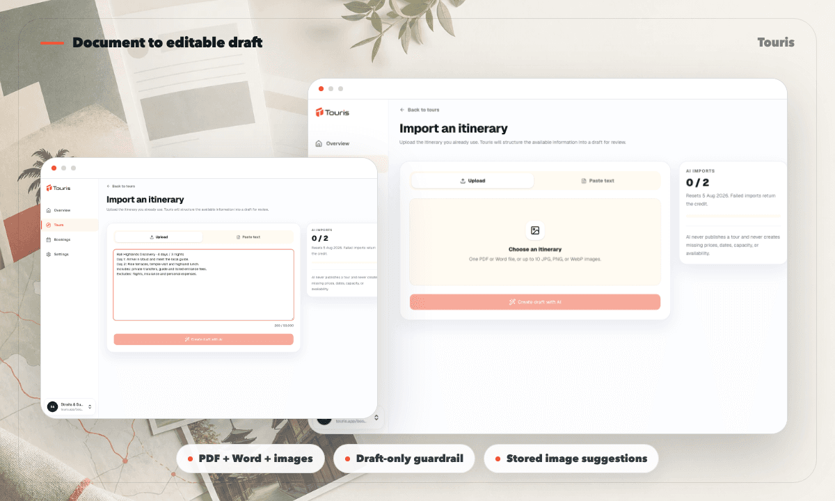 Touris AI itinerary import screen accepting documents, images, and pasted text