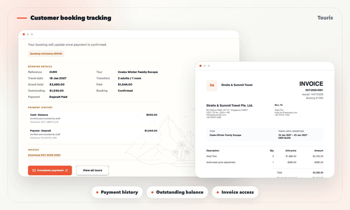 Customer tour booking and payment status page