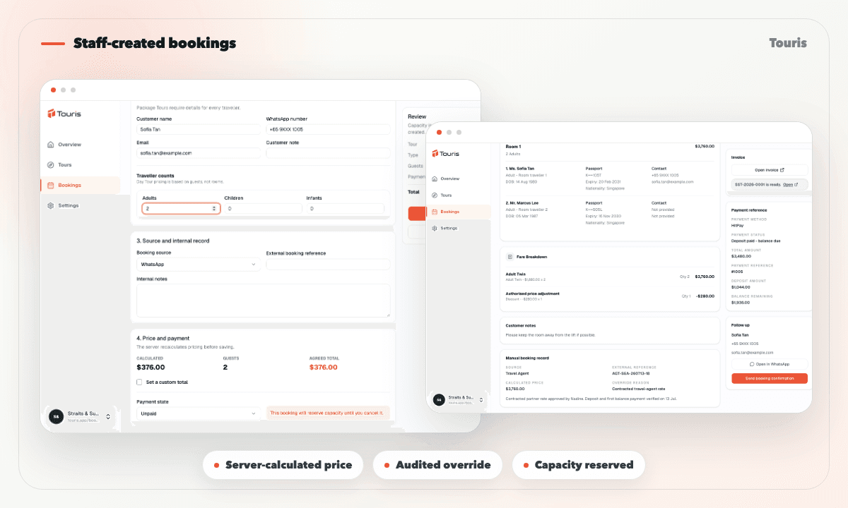 Touris manual booking form with customer, tour, payment, and review details