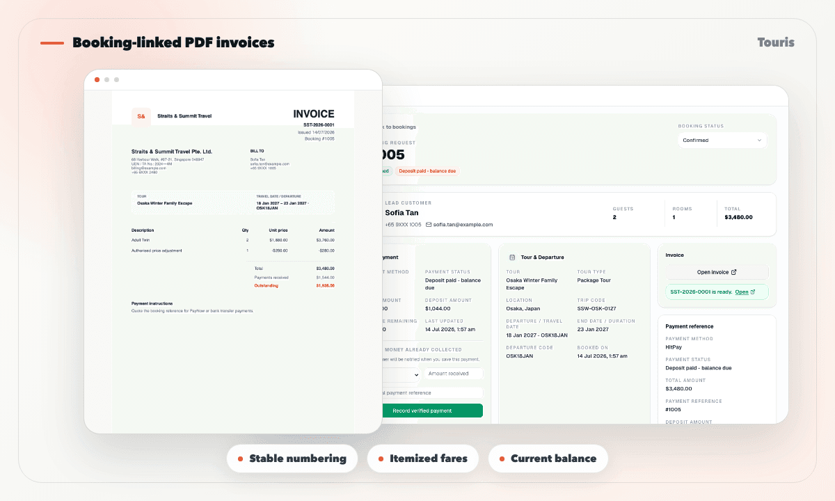 Touris PDF invoice with itemized tour charges, payments, and outstanding balance