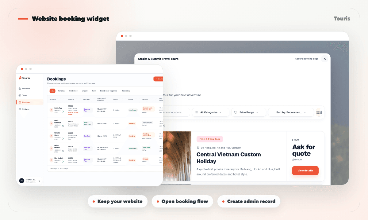 Touris website booking widget demo
